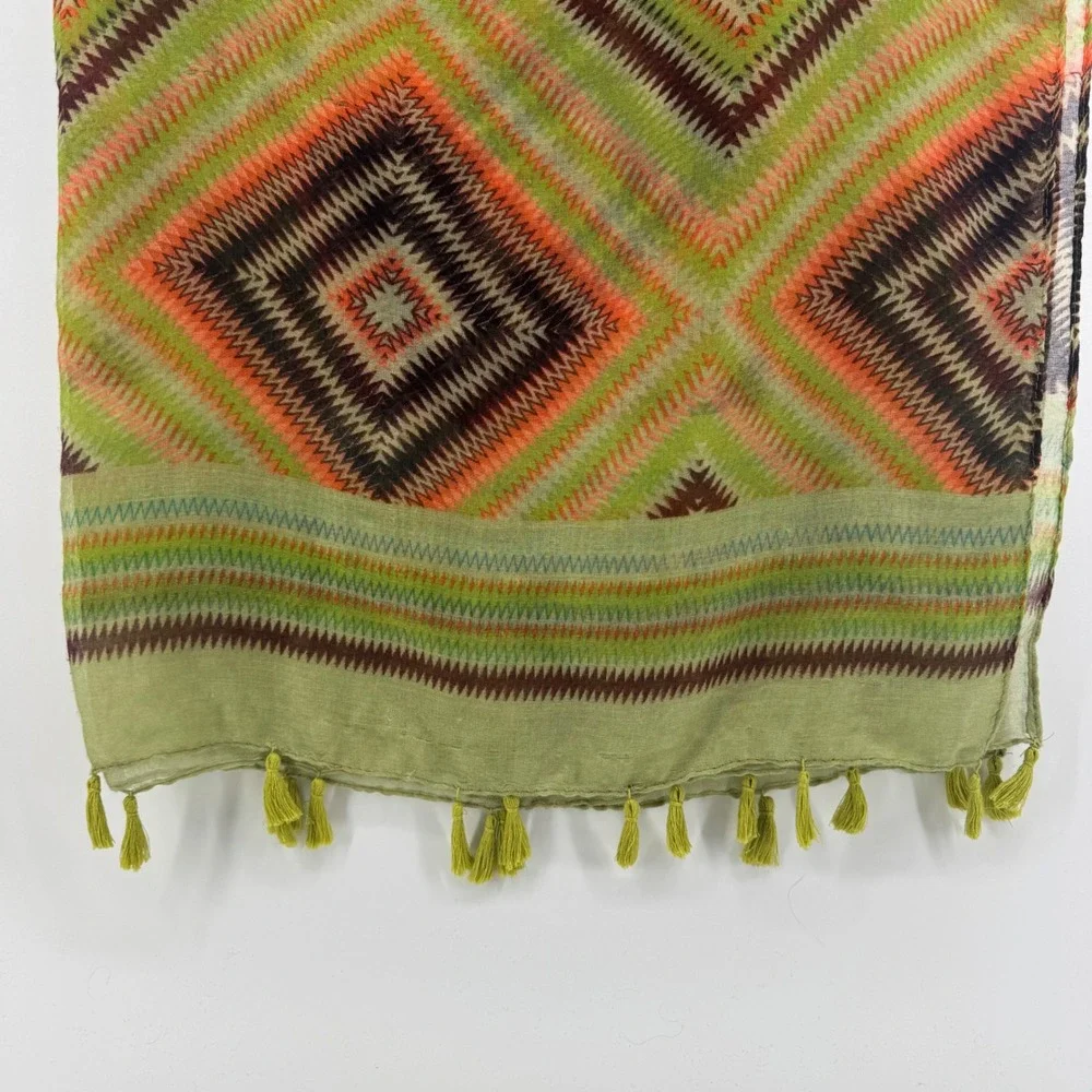 Oversized Boho Scarf Shawl Wrap Green Orange Geometric Chevron Tassel Fringe